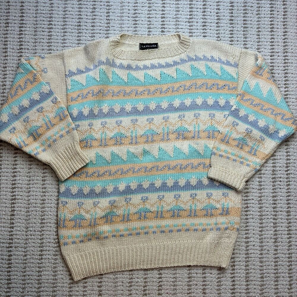 Vintage 90s La Vicuna Knit Fair Isle Novelty Pastel Sweater Oversized S/M